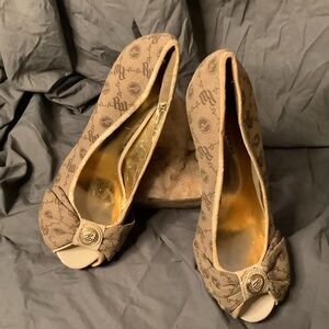Rocawear Tan Monogram Peep-Toe Heels